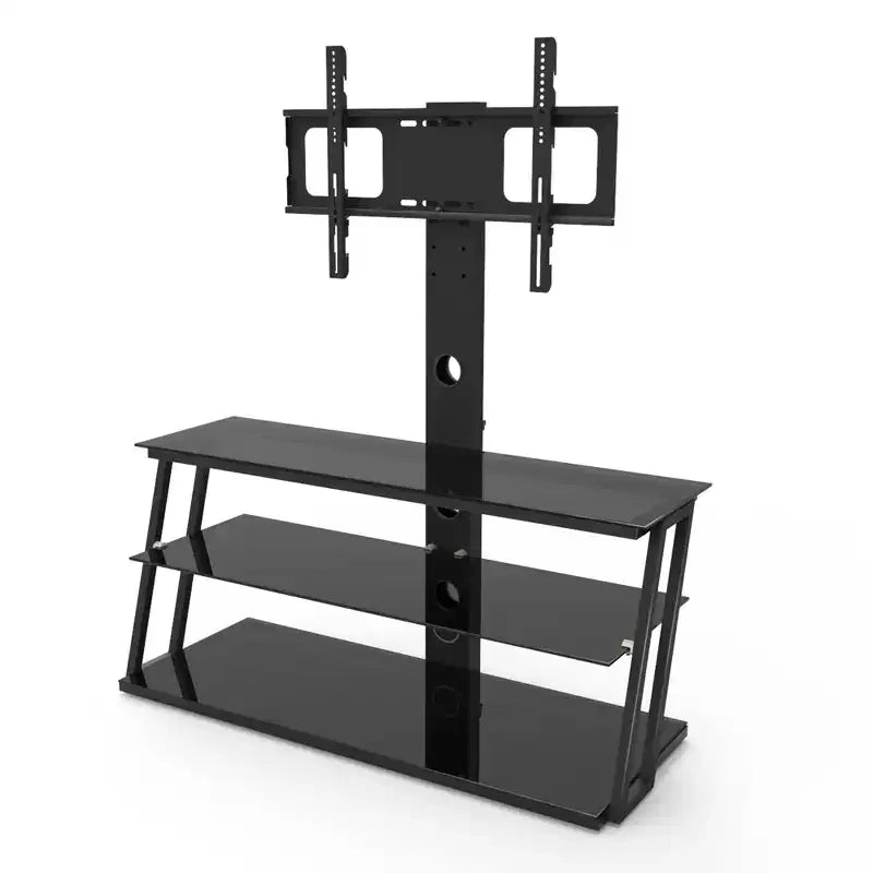 Meuble TV multifonction noir réglable en hauteur et en angle - Verre trempé avec pivot et gestion des câbles