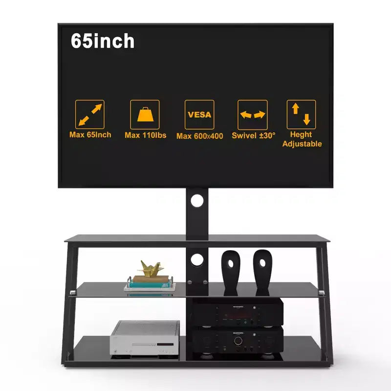 Meuble TV multifonction noir réglable en hauteur et en angle - Verre trempé avec pivot et gestion des câbles