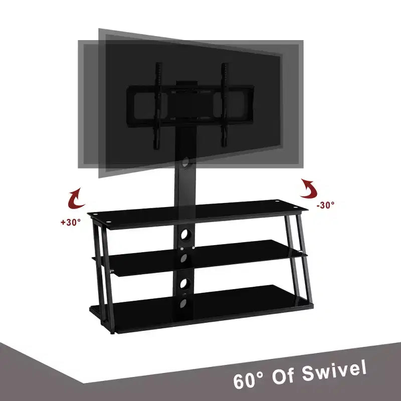 Meuble TV multifonction noir réglable en hauteur et en angle - Verre trempé avec pivot et gestion des câbles