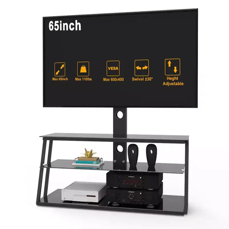 Meuble TV multifonction noir réglable en hauteur et en angle - Verre trempé avec pivot et gestion des câbles