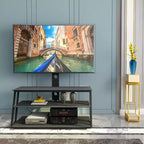 Meuble TV multifonction noir réglable en hauteur et en angle - Verre trempé avec pivot et gestion des câbles