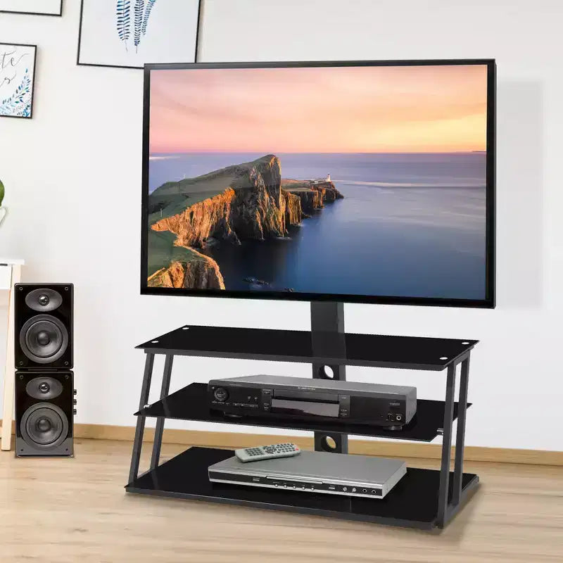 Meuble TV multifonction noir réglable en hauteur et en angle - Verre trempé avec pivot et gestion des câbles