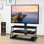Meuble TV multifonction noir réglable en hauteur et en angle - Verre trempé avec pivot et gestion des câbles