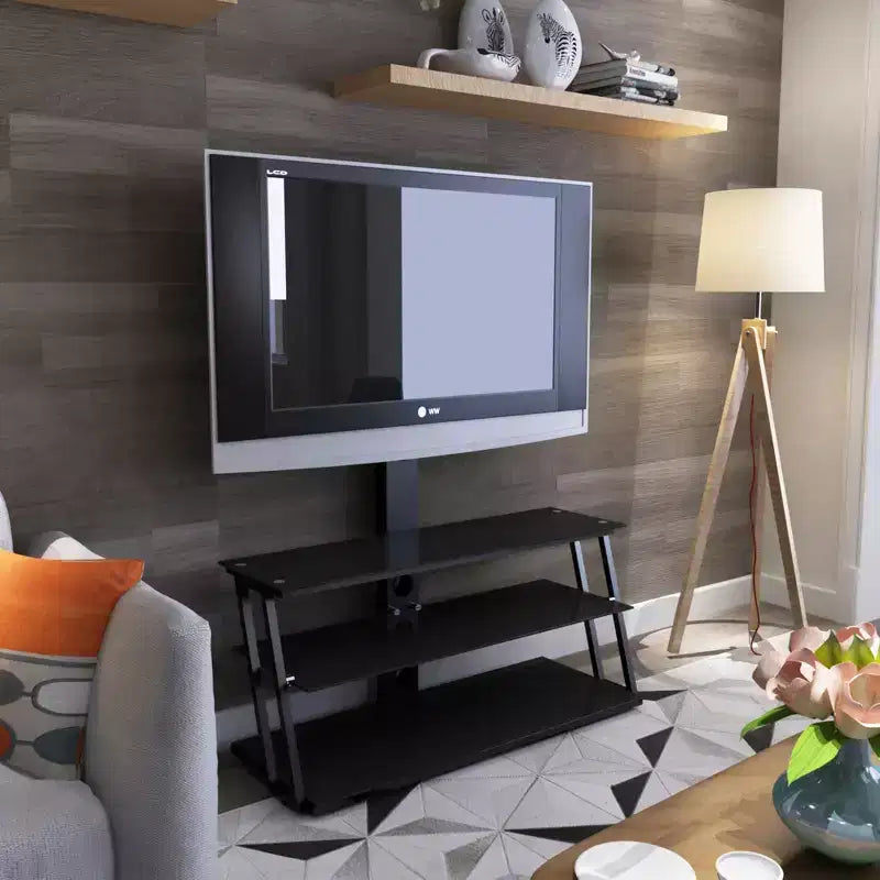 Meuble TV multifonction noir réglable en hauteur et en angle - Verre trempé avec pivot et gestion des câbles