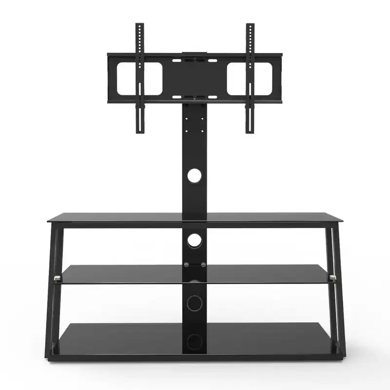 Meuble TV multifonction noir réglable en hauteur et en angle - Verre trempé avec pivot et gestion des câbles