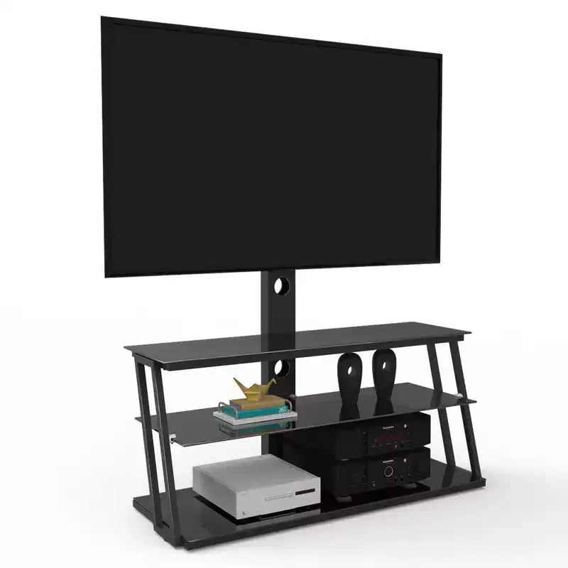 Meuble TV multifonction noir réglable en hauteur et en angle - Verre trempé avec pivot et gestion des câbles