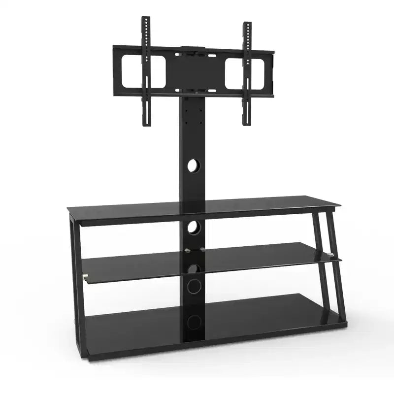 Meuble TV multifonction noir réglable en hauteur et en angle - Verre trempé avec pivot et gestion des câbles