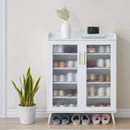 Meuble à chaussures COZONY avec portes en verre, étagère à chaussures à 5 niveaux avec pieds robustes, organisateur de chaussures d'entrée