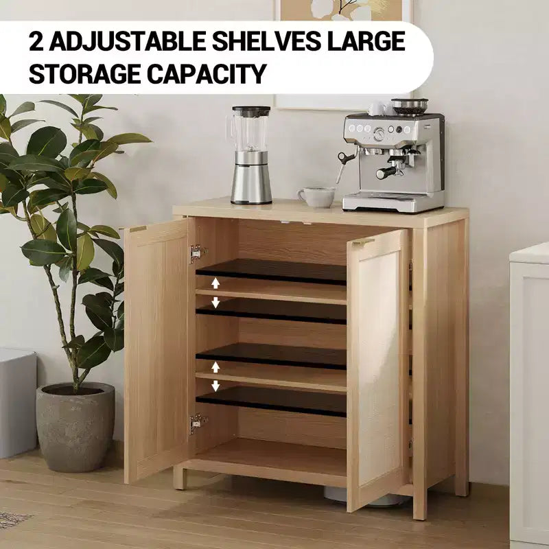 COZONY 34 Buffet Bahut en Rotin avec Étagères Réglables, Meuble de Rangement Autonome pour Salle à Manger, Cuisine, Couloir, Décoration Bohème