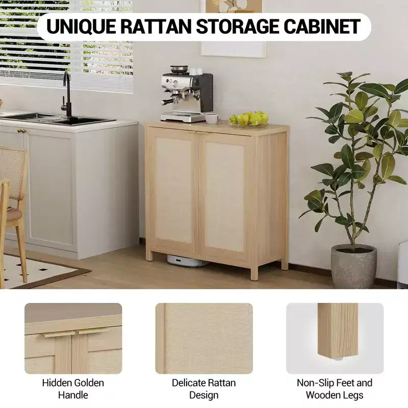 COZONY 34 Buffet Bahut en Rotin avec Étagères Réglables, Meuble de Rangement Autonome pour Salle à Manger, Cuisine, Couloir, Décoration Bohème