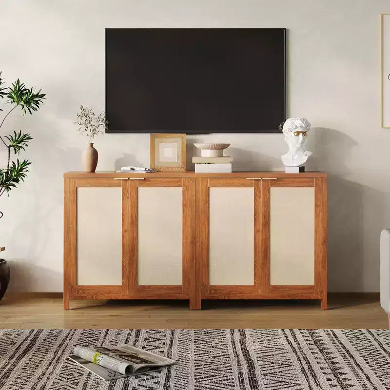 COZONY 34 Buffet Bahut en Rotin avec Étagères Réglables, Meuble de Rangement Autonome pour Salle à Manger, Cuisine, Couloir, Décoration Bohème