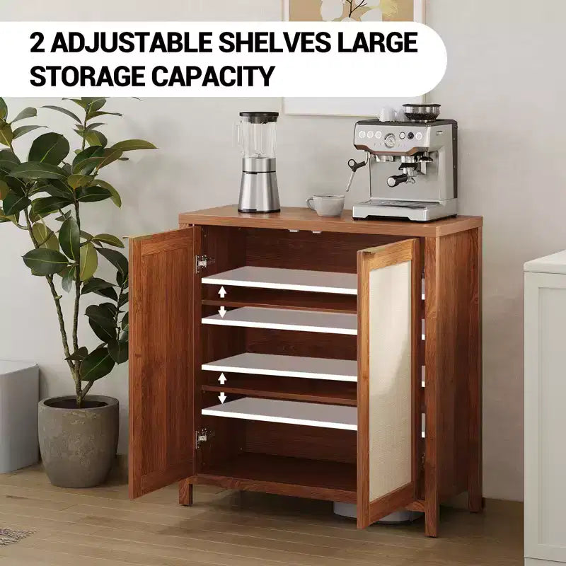 COZONY 34 Buffet Bahut en Rotin avec Étagères Réglables, Meuble de Rangement Autonome pour Salle à Manger, Cuisine, Couloir, Décoration Bohème