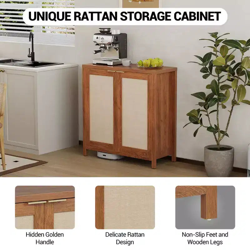 COZONY 34 Buffet Bahut en Rotin avec Étagères Réglables, Meuble de Rangement Autonome pour Salle à Manger, Cuisine, Couloir, Décoration Bohème