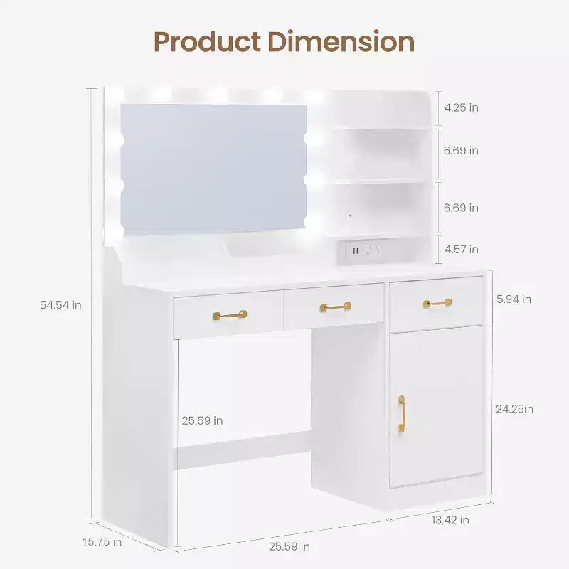 Coiffeuse Acekool avec miroir, station de recharge, 3 tiroirs, meuble et étagères ouvertes, coiffeuse pour chambre, blanche