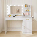 Coiffeuse Acekool avec miroir, station de recharge, 3 tiroirs, meuble et étagères ouvertes, coiffeuse pour chambre, blanche