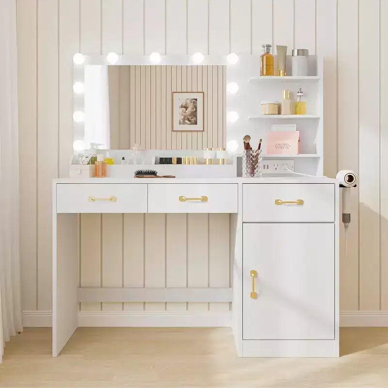 Coiffeuse Acekool avec miroir, station de recharge, 3 tiroirs, meuble et étagères ouvertes, coiffeuse pour chambre, blanche