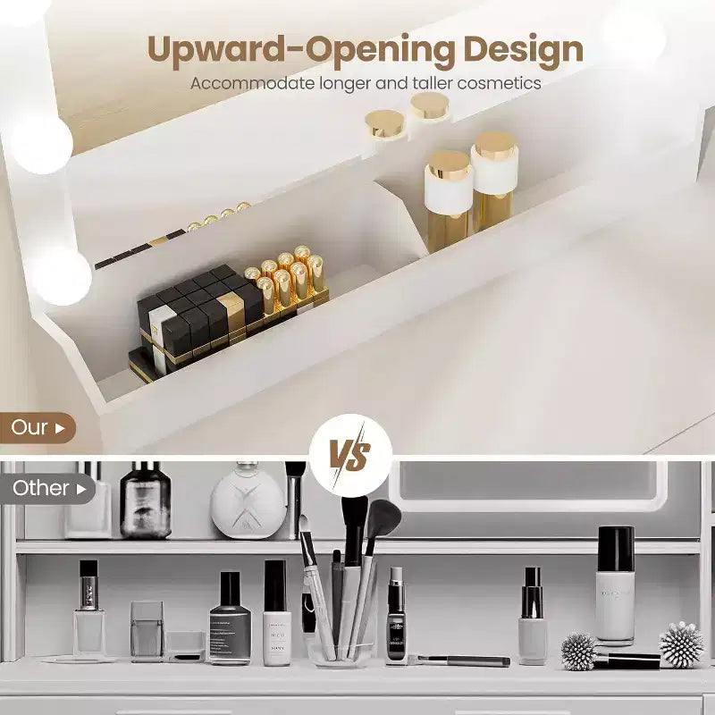 Coiffeuse Acekool avec miroir, station de recharge, 3 tiroirs, meuble et étagères ouvertes, coiffeuse pour chambre, blanche