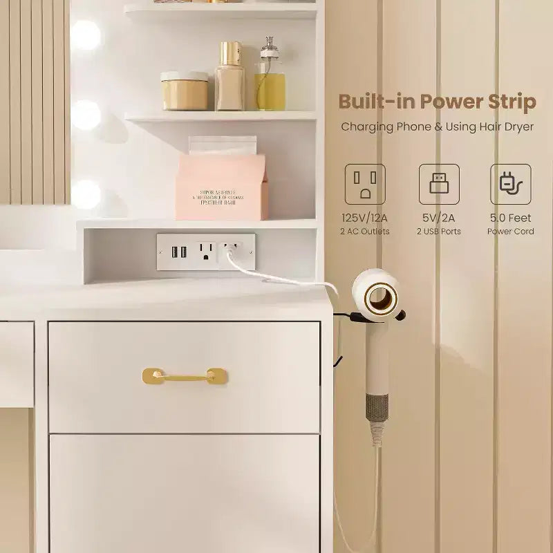 Coiffeuse Acekool avec miroir, station de recharge, 3 tiroirs, meuble et étagères ouvertes, coiffeuse pour chambre, blanche