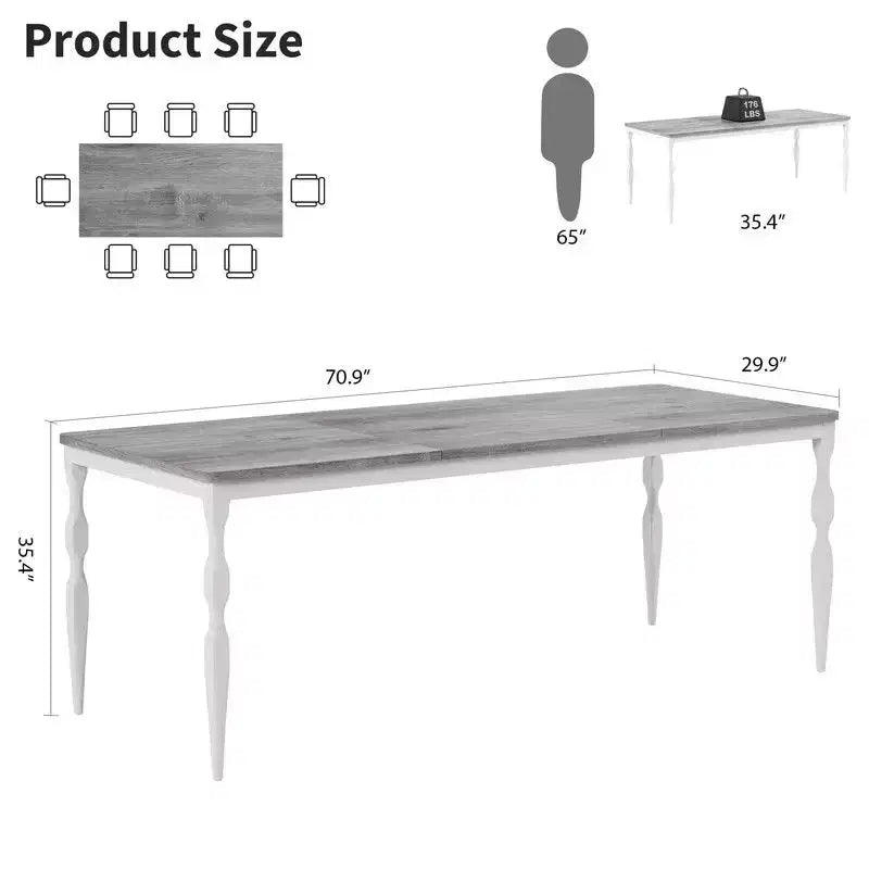 Table de salle à manger rectangulaire pour 6 personnes, table de cuisine rustique de 180 cm avec grand plateau