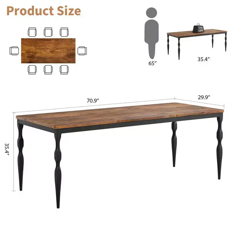 Table de salle à manger rectangulaire pour 6 personnes, table de cuisine rustique de 180 cm avec grand plateau