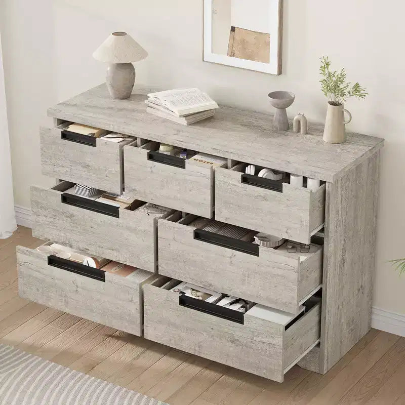 Commode à 7 tiroirs pour chambre à coucher, commode en bois de 118,9 cm de large avec poignées encastrées, organisateur de rangement pour vêtements, meuble TV pour couloir