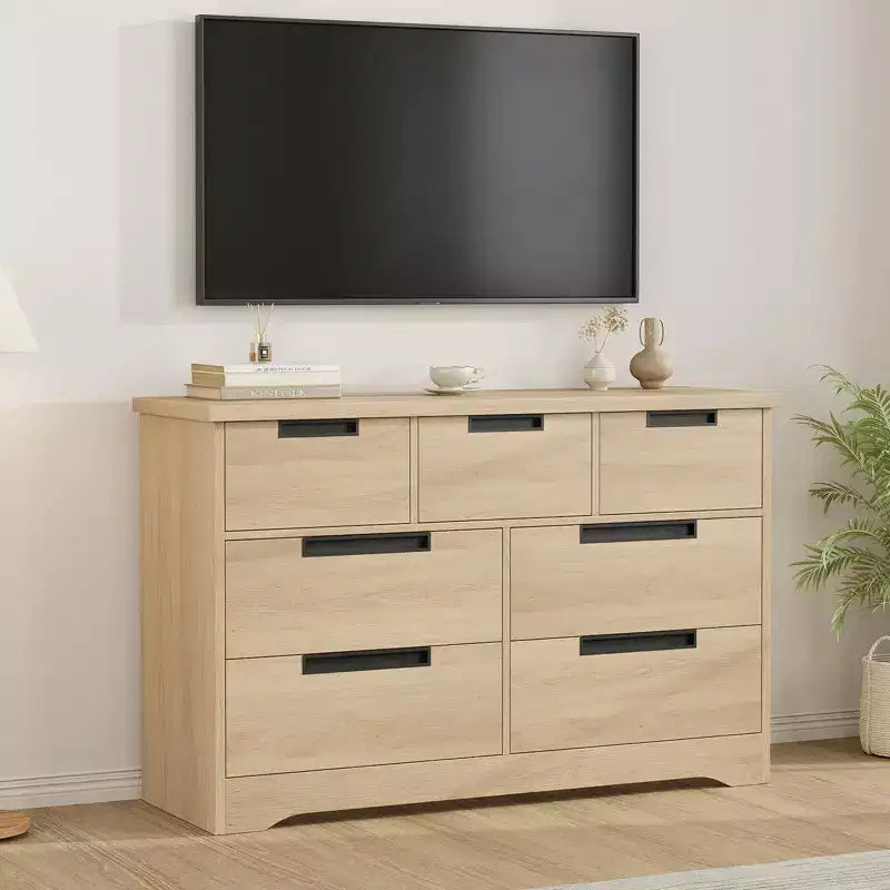Commode à 7 tiroirs pour chambre à coucher, commode en bois de 118,9 cm de large avec poignées encastrées, organisateur de rangement pour vêtements, meuble TV pour couloir