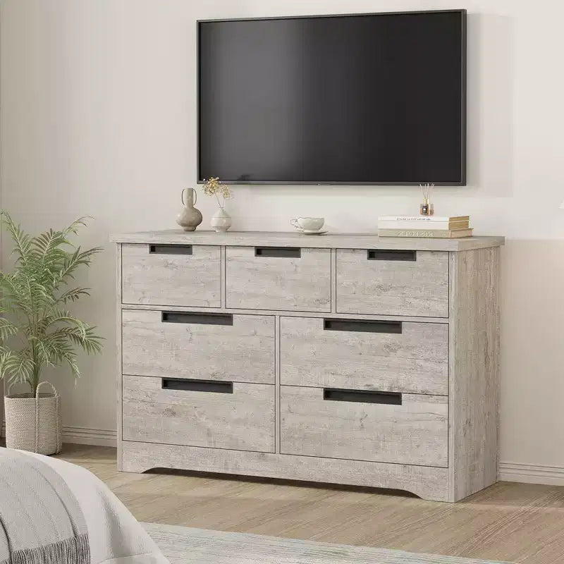 Commode à 7 tiroirs pour chambre à coucher, commode en bois de 118,9 cm de large avec poignées encastrées, organisateur de rangement pour vêtements, meuble TV pour couloir