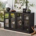 PexFix Grand buffet en chêne de 157,5 cm de long x 91,4 cm de haut avec 4 portes en verre, 2 étagères réglables pour cuisine, salon/salle à manger, chambre, entrée, noir