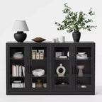 PexFix Grand buffet en chêne de 157,5 cm de long x 91,4 cm de haut avec 4 portes en verre, 2 étagères réglables pour cuisine, salon/salle à manger, chambre, entrée, noir