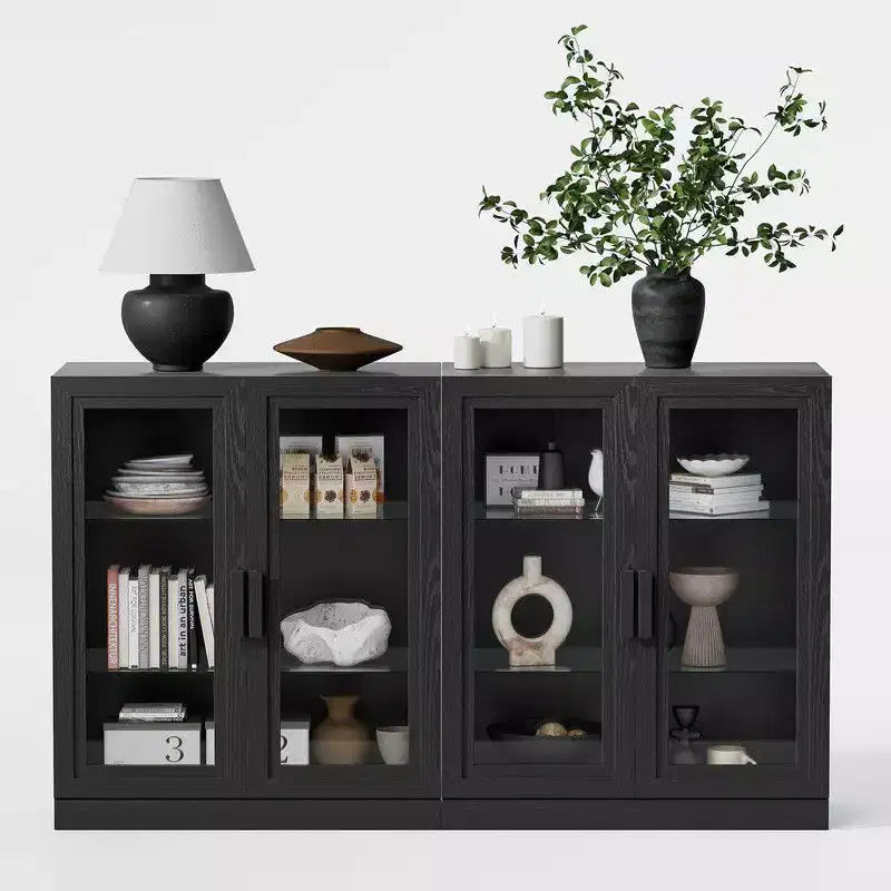 PexFix Grand buffet en chêne de 157,5 cm de long x 91,4 cm de haut avec 4 portes en verre, 2 étagères réglables pour cuisine, salon/salle à manger, chambre, entrée, noir