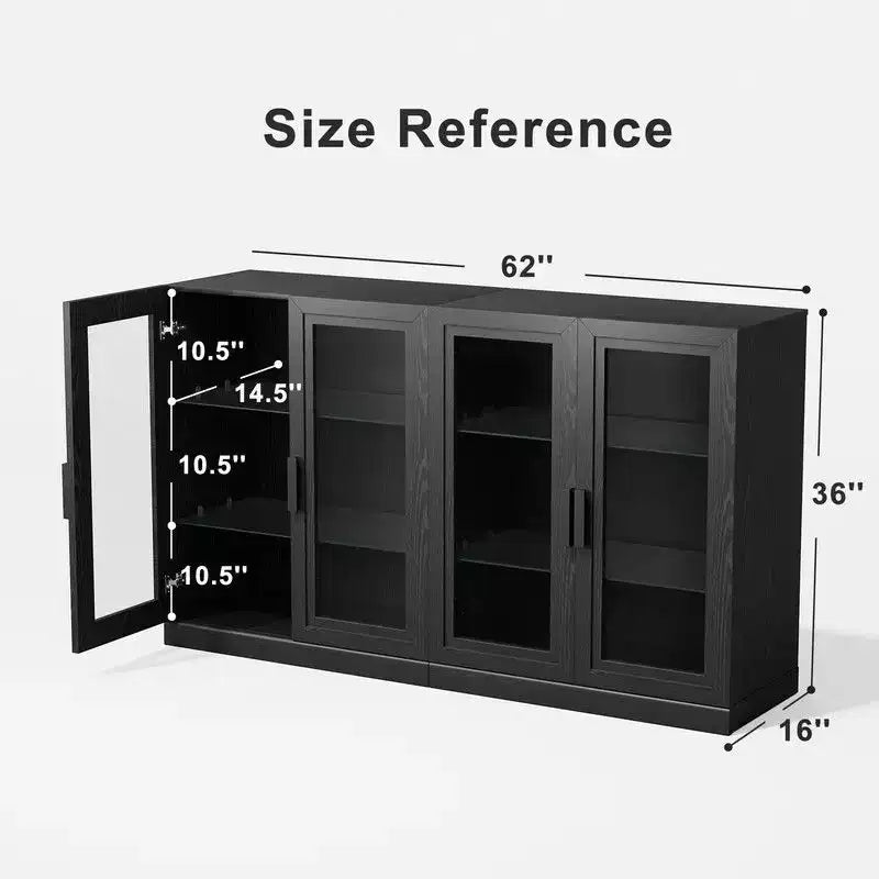PexFix Grand buffet en chêne de 157,5 cm de long x 91,4 cm de haut avec 4 portes en verre, 2 étagères réglables pour cuisine, salon/salle à manger, chambre, entrée, noir