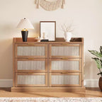 6 Drawer Dresser for Bedroom, 47.2W Rattan Chest of Drawers with Metal Handles, Wooden Clothes Storage Organizer, Dresser TV Stand for Hallway
