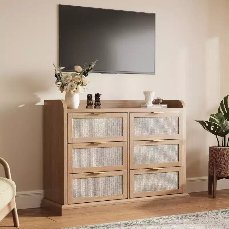 Commode à 6 tiroirs pour chambre à coucher, commode en rotin de 120 cm de large avec poignées en métal, organisateur de rangement en bois, meuble TV de couloir