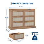 Commode à 6 tiroirs pour chambre à coucher, commode en rotin de 120 cm de large avec poignées en métal, organisateur de rangement en bois, meuble TV de couloir