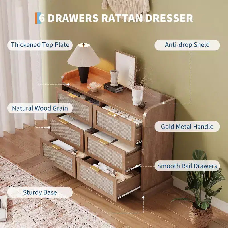 Commode à 6 tiroirs pour chambre à coucher, commode en rotin de 120 cm de large avec poignées en métal, organisateur de rangement en bois, meuble TV de couloir