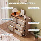 Commode à 6 tiroirs pour chambre à coucher, commode en rotin de 120 cm de large avec poignées en métal, organisateur de rangement en bois, meuble TV de couloir