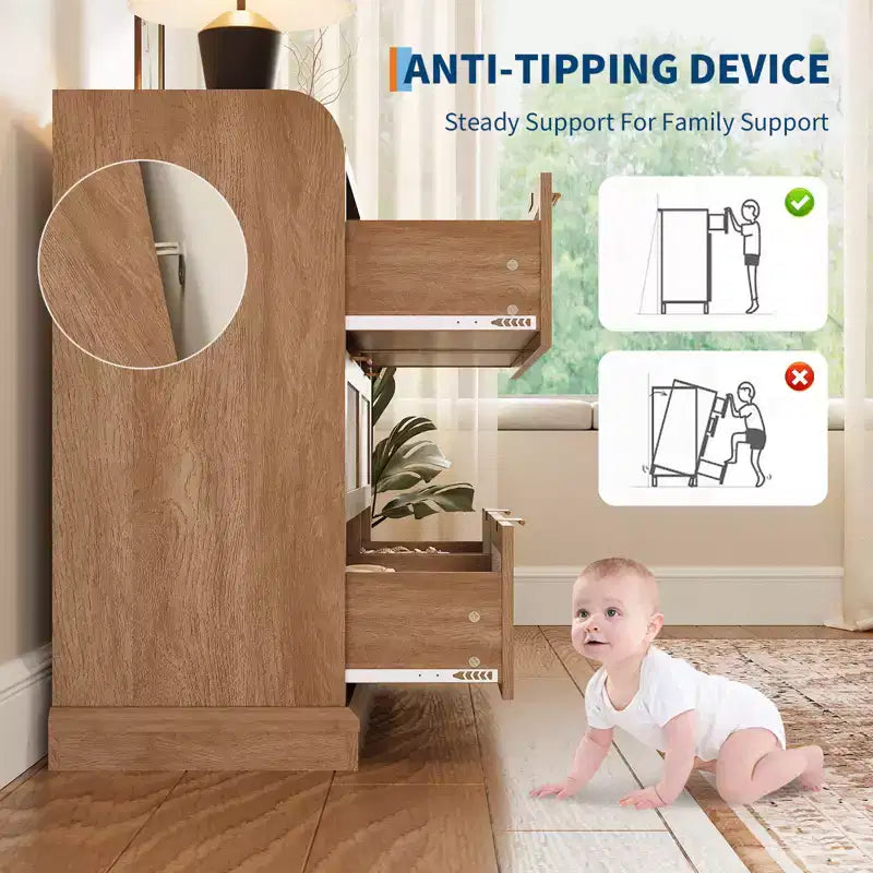 Commode à 6 tiroirs pour chambre à coucher, commode en rotin de 120 cm de large avec poignées en métal, organisateur de rangement en bois, meuble TV de couloir