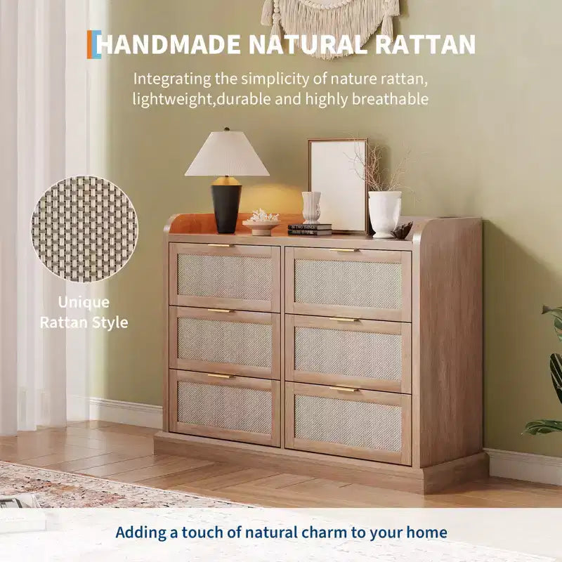 Commode à 6 tiroirs pour chambre à coucher, commode en rotin de 120 cm de large avec poignées en métal, organisateur de rangement en bois, meuble TV de couloir
