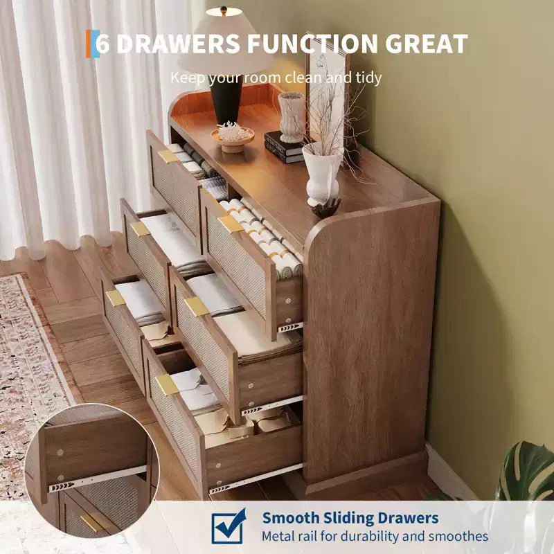Commode à 6 tiroirs pour chambre à coucher, commode en rotin de 120 cm de large avec poignées en métal, organisateur de rangement en bois, meuble TV de couloir