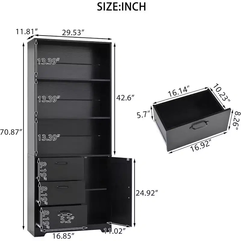Étagère à 6 niveaux Acekool avec porte et 3 tiroirs, bibliothèque haute de 180 cm, 3 étagères ouvertes, armoire de rangement, pour bureau à domicile ou chambre à coucher