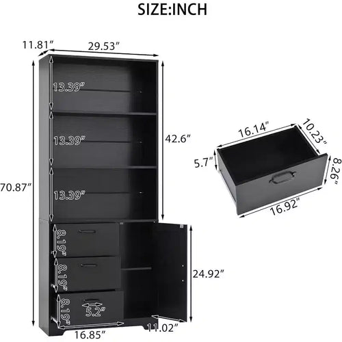 Étagère à 6 niveaux Acekool avec porte et 3 tiroirs, bibliothèque haute de 180 cm, 3 étagères ouvertes, armoire de rangement, pour bureau à domicile ou chambre à coucher