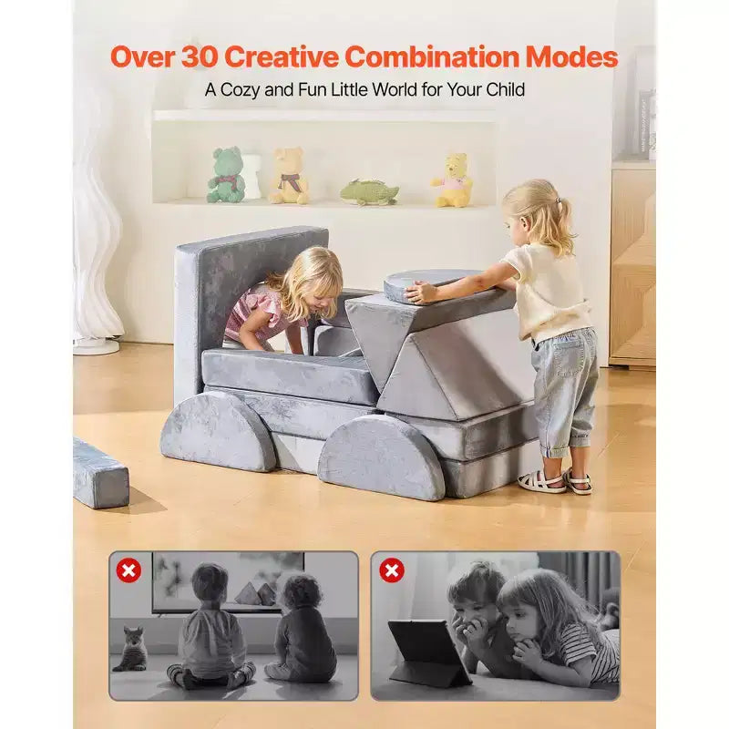 Canapé de jeu modulaire VEVOR pour enfants, canapé-lit sectionnel pour tout-petits avec accoudoirs, éponge 28D et poil court, canapé modulaire convertible pour enfants, 14 pièces, gris