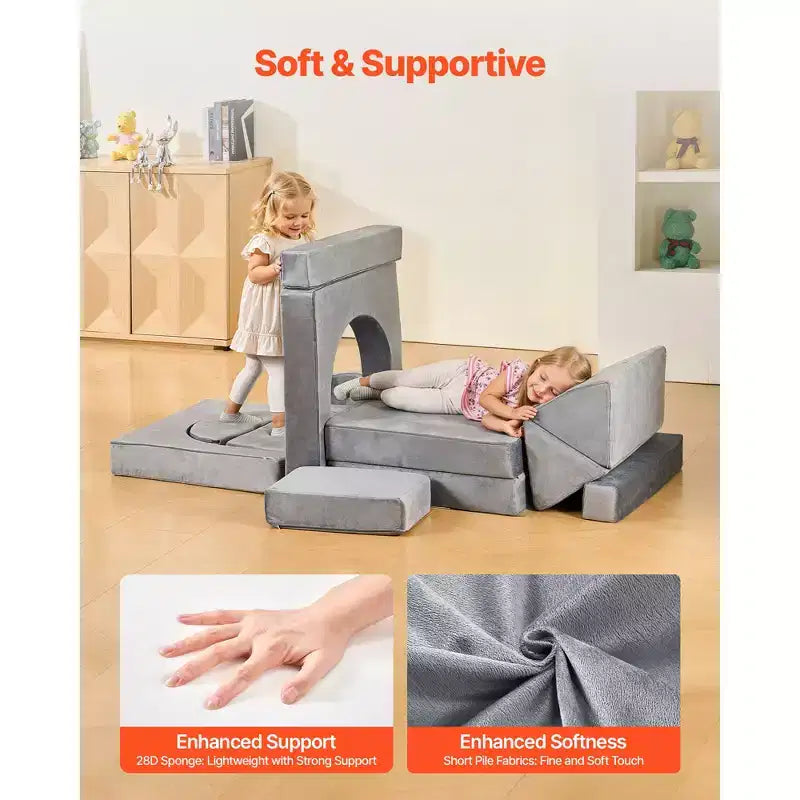 Canapé de jeu modulaire VEVOR pour enfants, canapé-lit sectionnel pour tout-petits avec accoudoirs, éponge 28D et poil court, canapé modulaire convertible pour enfants, 14 pièces, gris