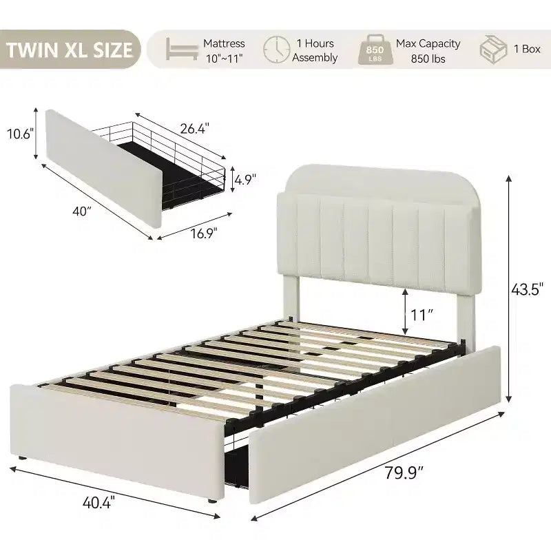 Cadre de lit double/double XL COZONY avec tiroirs de rangement