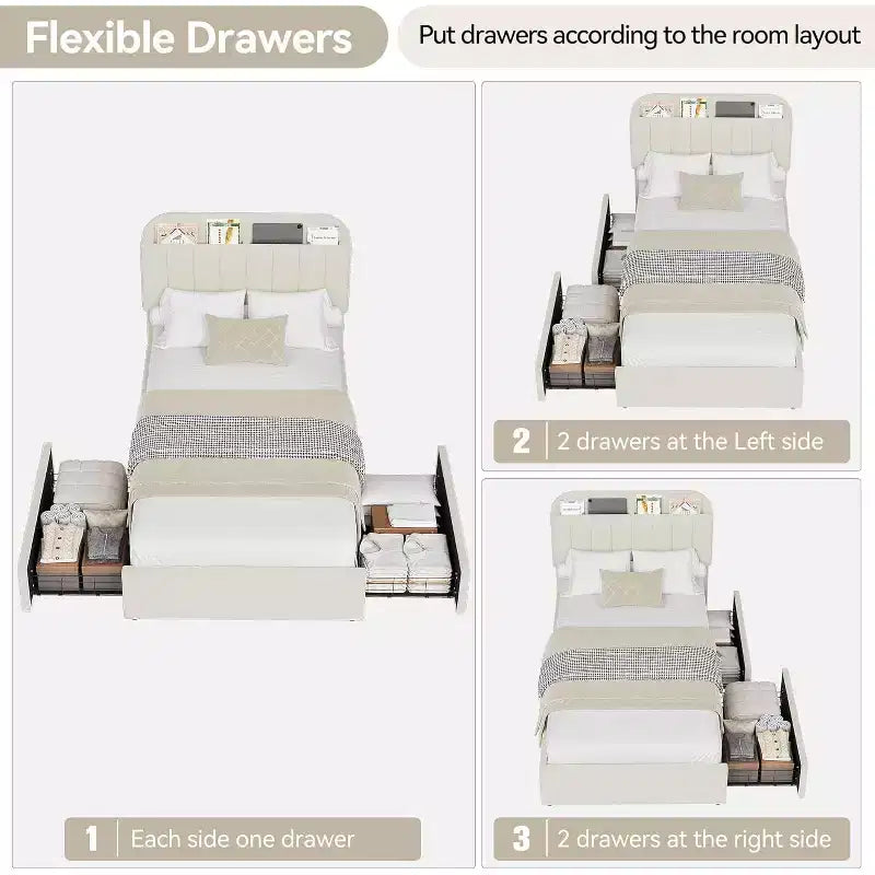 Cadre de lit double/double XL COZONY avec tiroirs de rangement