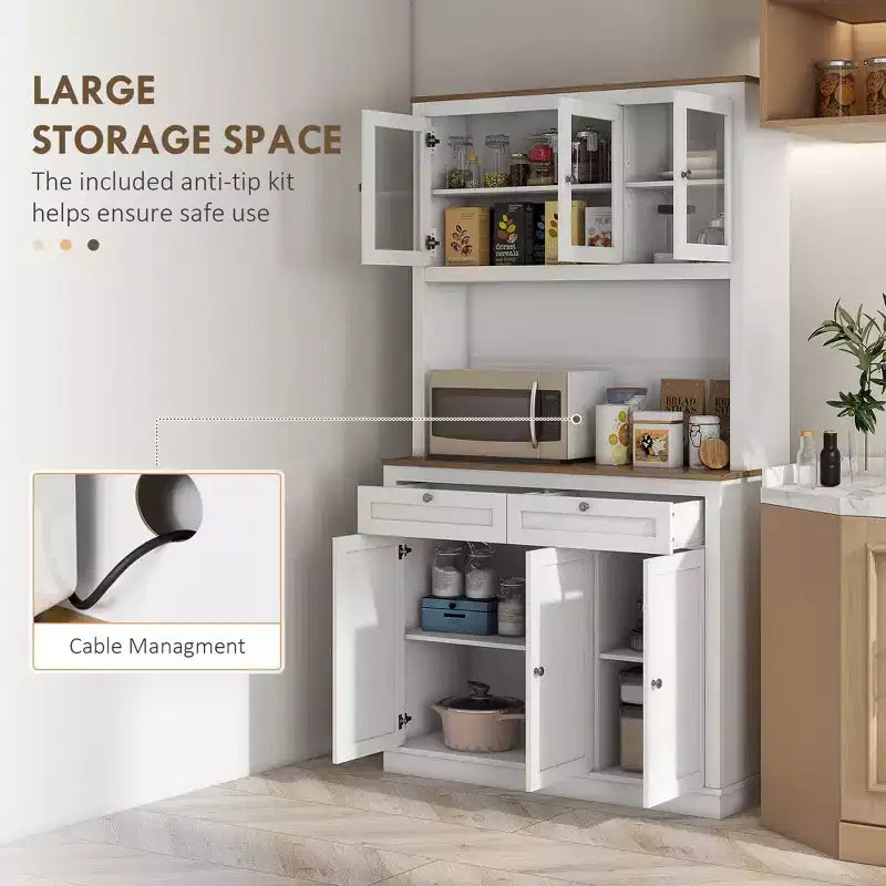 Okak 71in – Meuble de rangement moderne pour garde-manger, armoire haute sur pied avec huche, 2 tiroirs et 5 portes, meuble de rangement pour cuisine, blanc