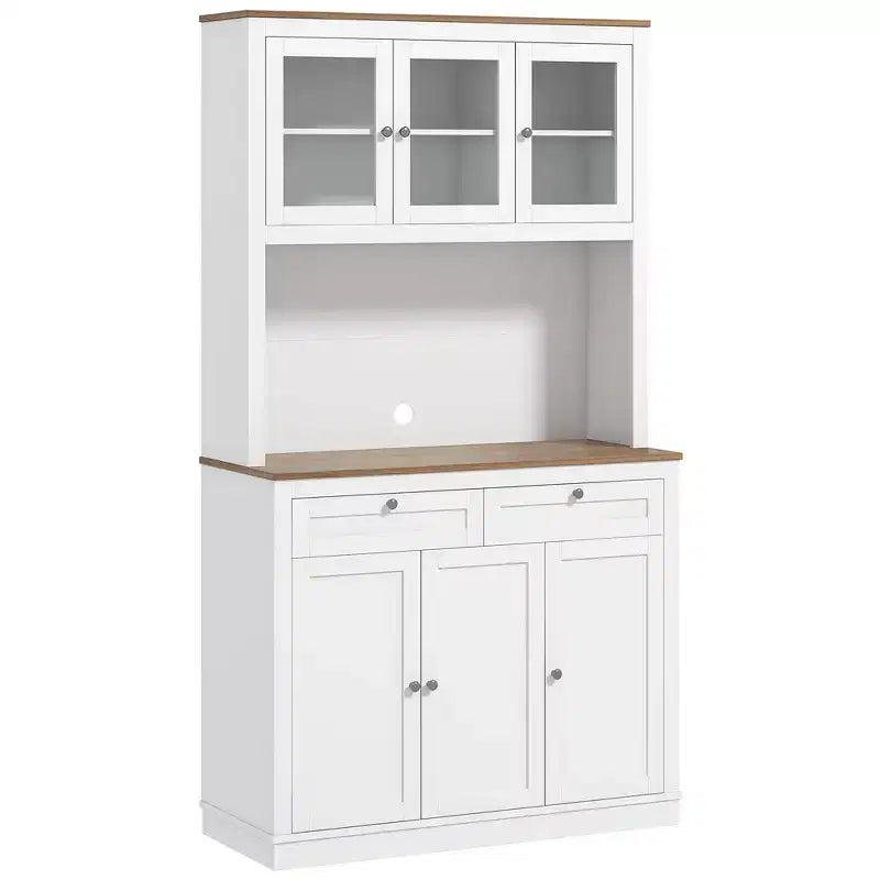 Okak 71in – Meuble de rangement moderne pour garde-manger, armoire haute sur pied avec huche, 2 tiroirs et 5 portes, meuble de rangement pour cuisine, blanc