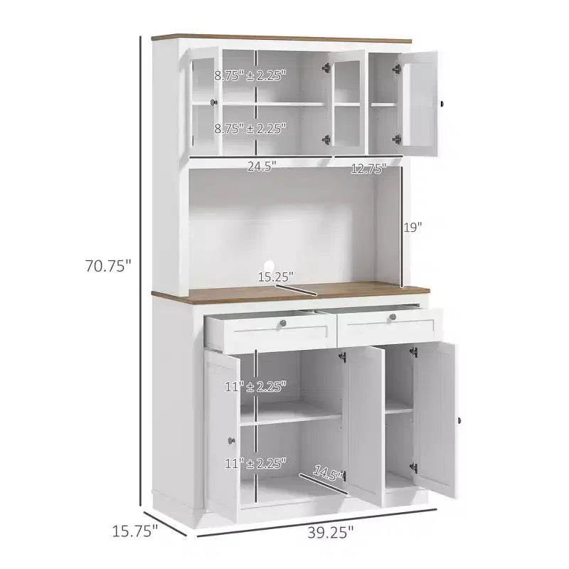 Okak 71in – Meuble de rangement moderne pour garde-manger, armoire haute sur pied avec huche, 2 tiroirs et 5 portes, meuble de rangement pour cuisine, blanc