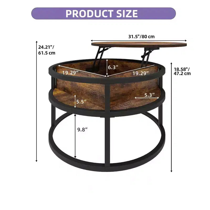 Table basse ronde relevable avec rangement et compartiment caché, petite table centrale de ferme en bois