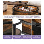Table basse ronde relevable avec rangement et compartiment caché, petite table centrale de ferme en bois